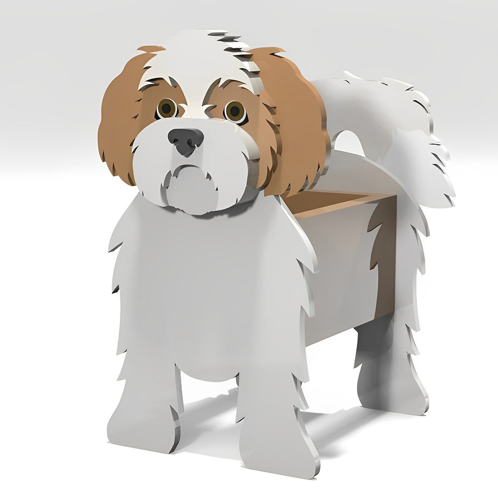 Pot de fleurs en forme de Shih Tzu blanc et brun